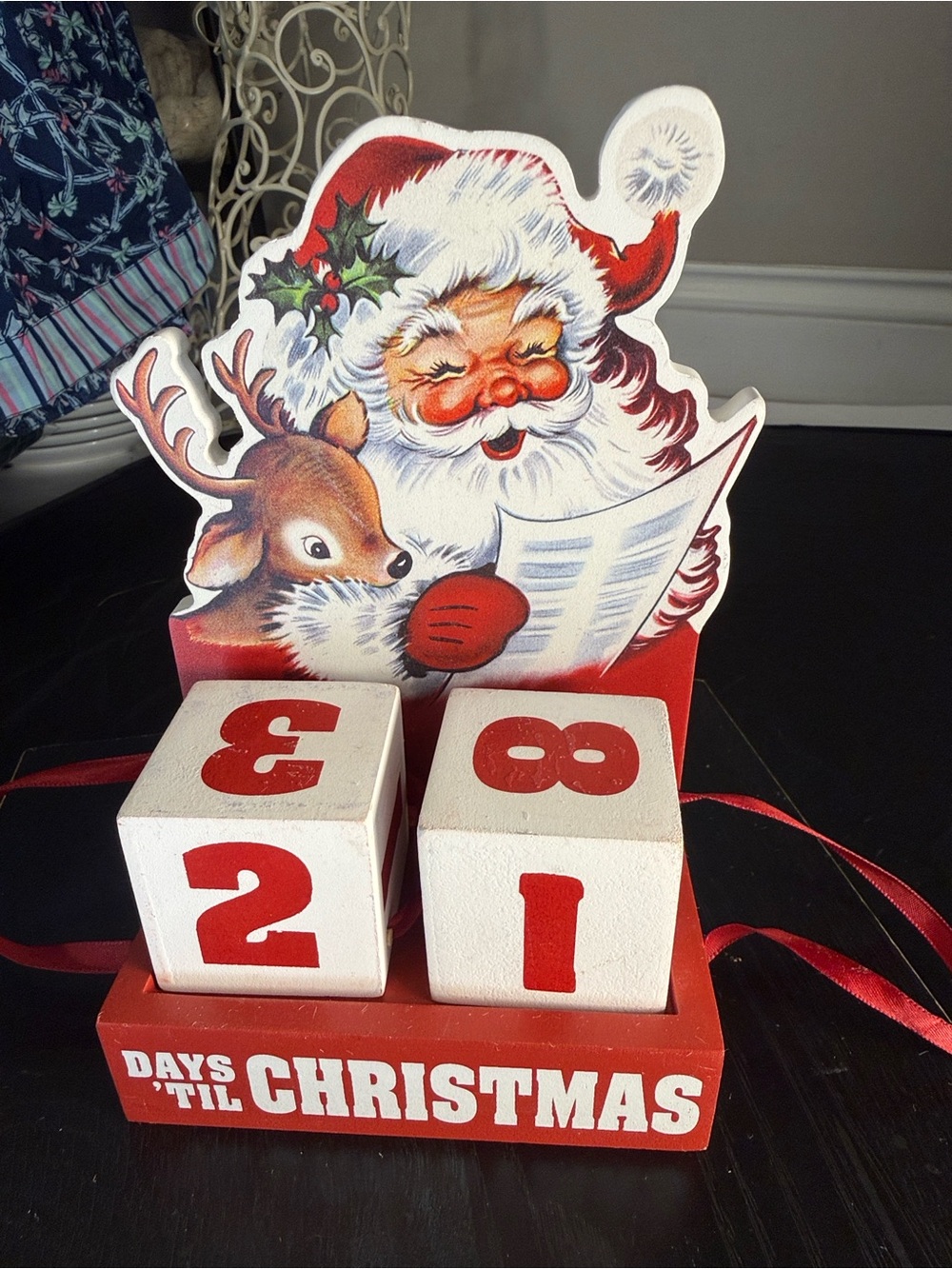 Santa and Reindeer Wooden Countdown Block Calendar - Red and White